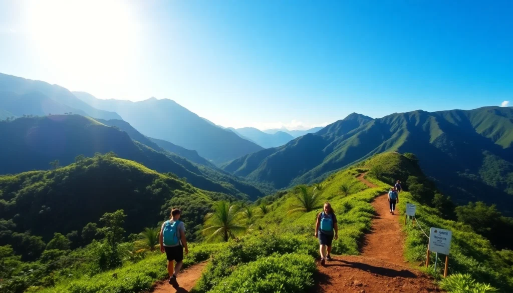 Hiking enthusiasts enjoying a scenic hike in Lombok with lush mountains and vibrant nature, capturing the adventure and beauty of outdoor trekking.