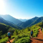 Hiking enthusiasts enjoying a scenic hike in Lombok with lush mountains and vibrant nature, capturing the adventure and beauty of outdoor trekking.