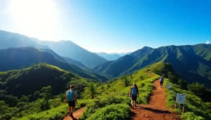 Hiking enthusiasts enjoying a scenic hike in Lombok with lush mountains and vibrant nature, capturing the adventure and beauty of outdoor trekking.