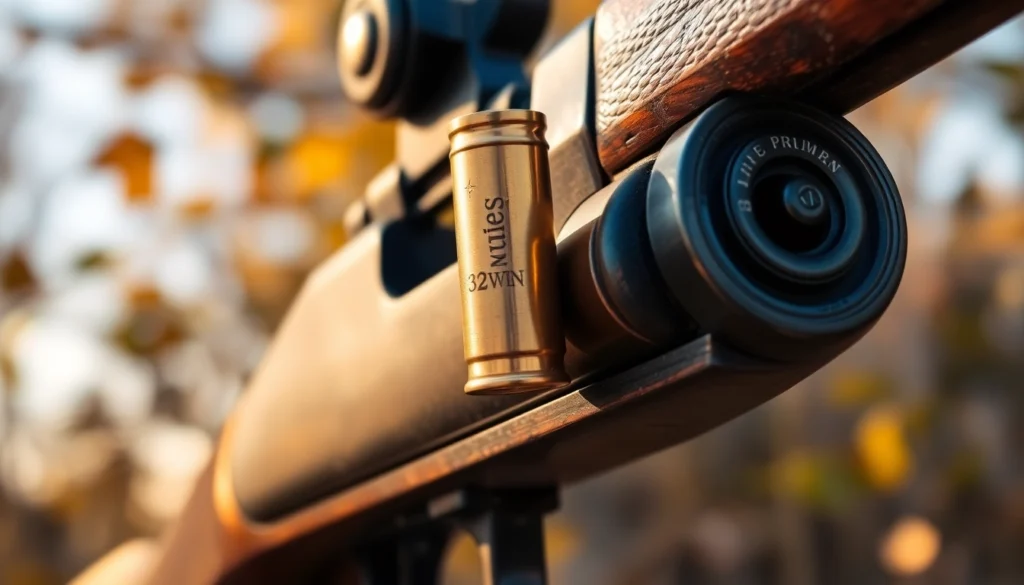 Detailed shot of a 32WIN cartridge in a vintage rifle, highlighting precision and historical firearm craftsmanship.
