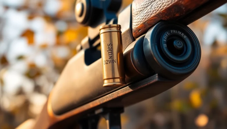 Detailed shot of a 32WIN cartridge in a vintage rifle, highlighting precision and historical firearm craftsmanship.