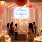 Elegant baby shower welcome sign with floral accents and personalized message, setting a joyful tone.
