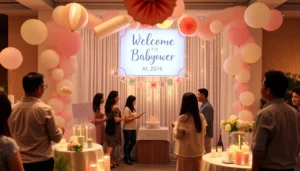 Elegant baby shower welcome sign with floral accents and personalized message, setting a joyful tone.