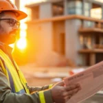 Experienced contractor inspecting building plans on a construction site, ensuring quality and safety as part of project oversight.