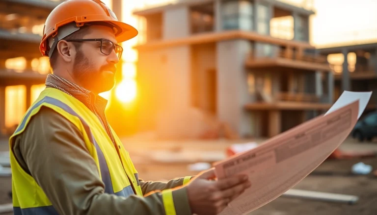 Experienced contractor inspecting building plans on a construction site, ensuring quality and safety as part of project oversight.