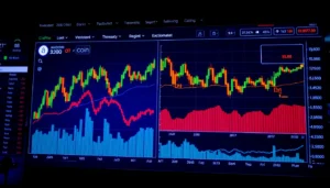 High-tech aicoin trading platform interface with live market data and security features, emphasizing real-time analysis for investors.