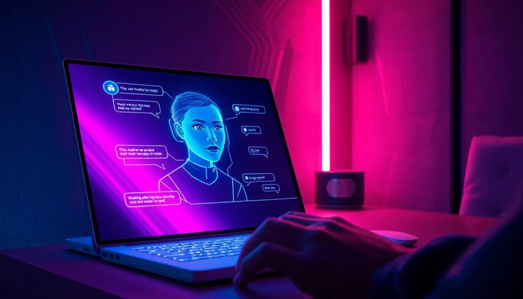 Futuristic AI chat interface with a holographic avatar in a modern, neon-lit room