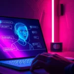 Futuristic AI chat interface with a holographic avatar in a modern, neon-lit room