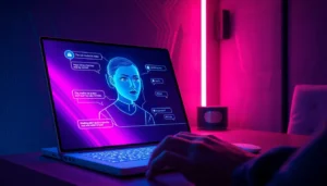 Futuristic AI chat interface with a holographic avatar in a modern, neon-lit room