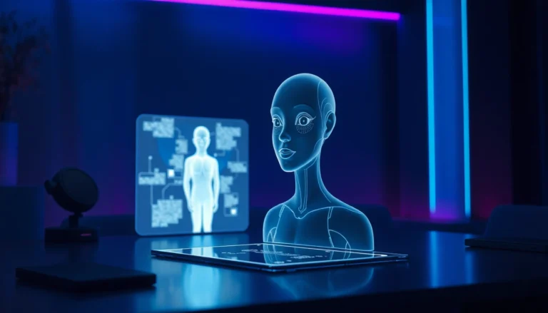 Futuristic scene of a virtual AI character on a holographic screen in a modern, dimly lit room with ambient lighting and digital textures.