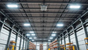 Große Industriehalle mit LED-Hallenbeleuchtung, hell und effizient ausgeleuchtet