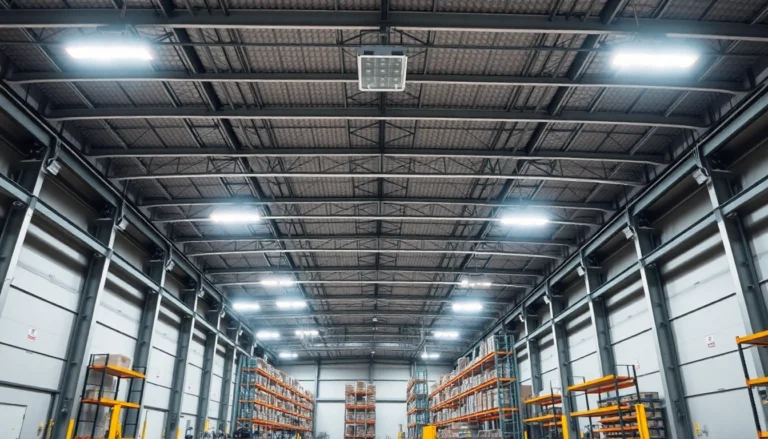 Große Industriehalle mit LED-Hallenbeleuchtung, hell und effizient ausgeleuchtet