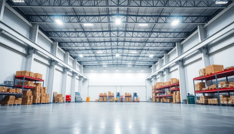 Moderne Industriehalle mit LED-Beleuchtung, helle und effiziente Lichtverteilung