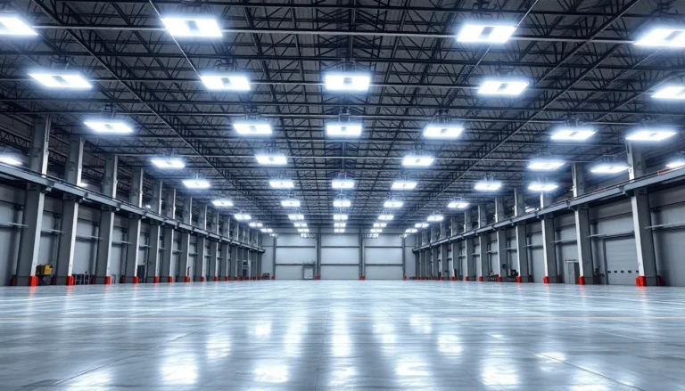 Moderne LED-Beleuchtung in einer Industriehalle, hell und effizient beleuchtet