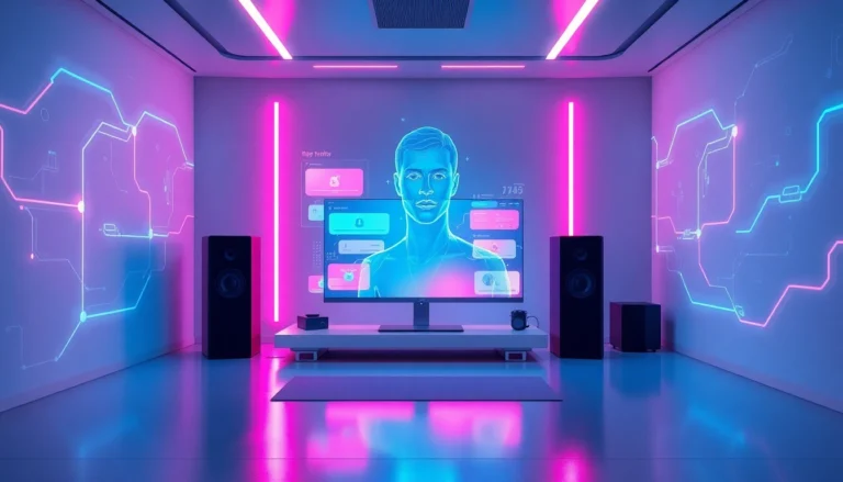 Futuristic digital room with holographic AI chat interfaces and glowing data streams