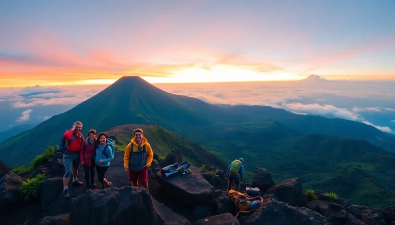 Hikers enjoying sunrise at Mount Rinjani's crater rim with vibrant colors and scenic views