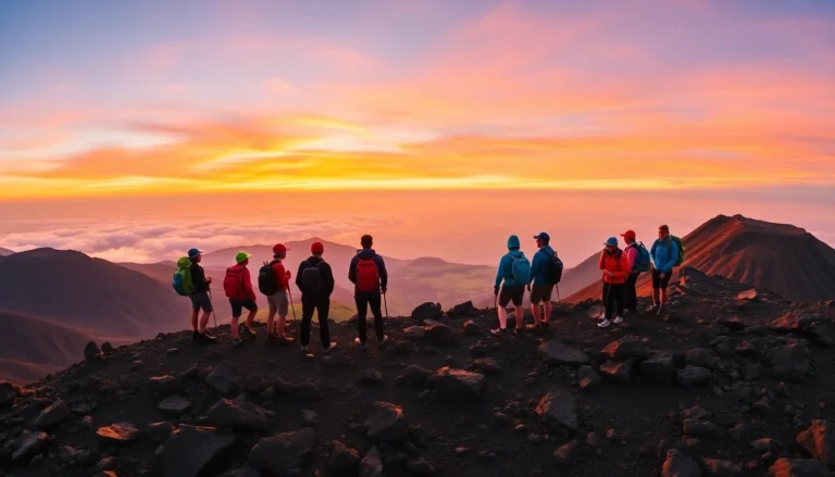 An inspiring view of hikers at Mount Rinjani's summit during sunrise, with colorful skies and volcanic landscape.