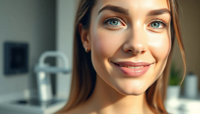Junge Frau mit frisch erholtem Blick nach Oberlidstraffung in Zürich, natürlicher Ausdruck, professioneller Klinikumgebung.