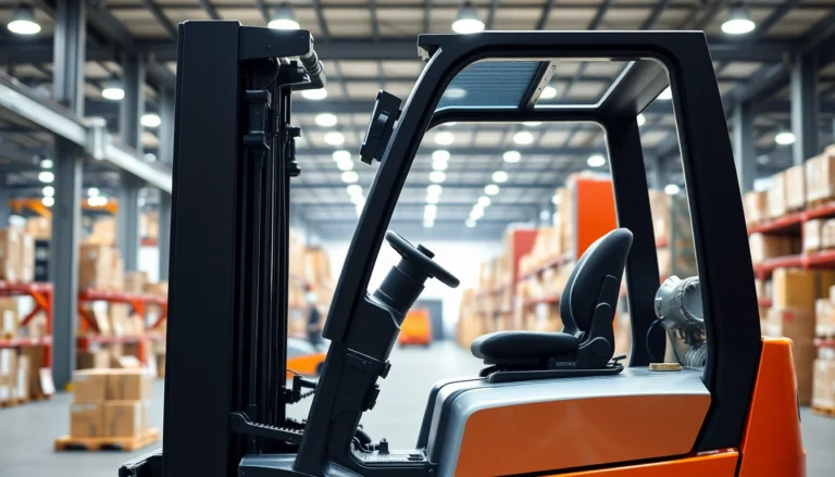 Efficient forklift rental services displayed with a modern forklift operating in a large warehouse setting, emphasizing reliability and safety in material handling equipment.