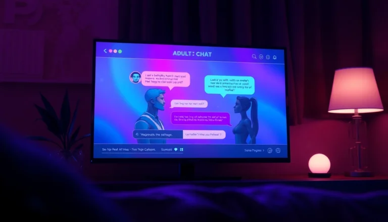 Adult-themed AI chat interface with expressive avatars and vibrant, immersive visuals in a dark room setting.