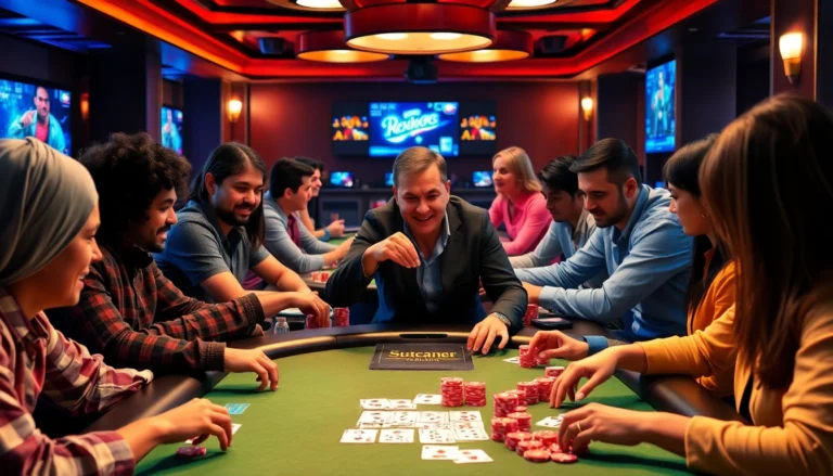 Clubgg poker enthusiasts enjoying a lively online game with friends, emphasizing community and skill development in a vibrant digital setting.