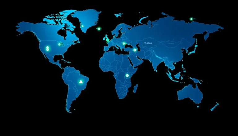 Crypto-friendly countries shown on a global map with digital currency icons indicating favorable regions for crypto investors and enthusiasts.