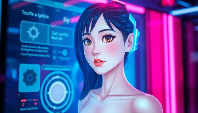 Futuristic digital AI girlfriend interface with customizable anime-style avatar in a neon-lit tech environment.