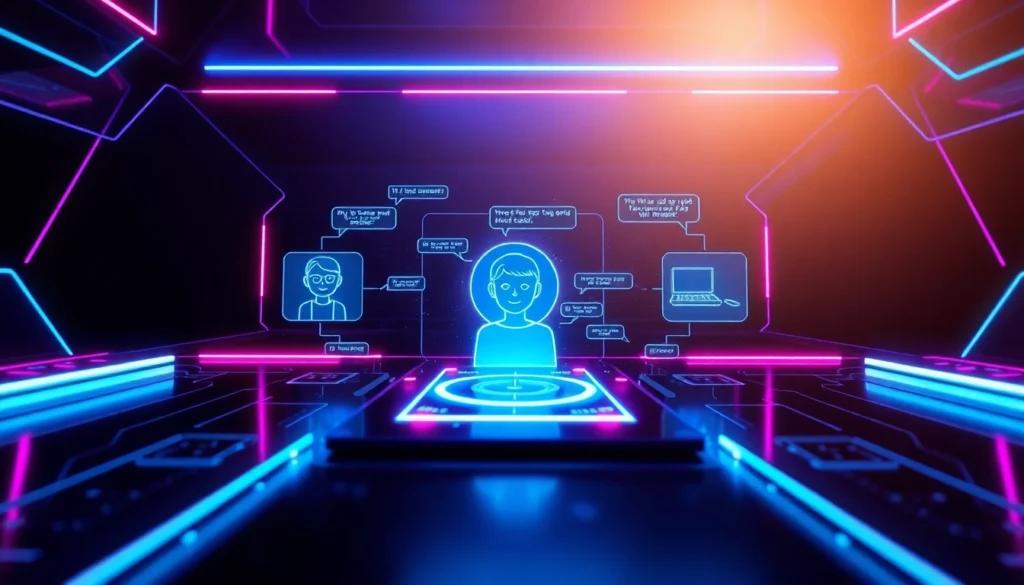 Futuristic digital interface with holographic avatars and neon accents representing AI sexting conversations.