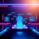 Futuristic digital interface with holographic avatars and neon accents representing AI sexting conversations.