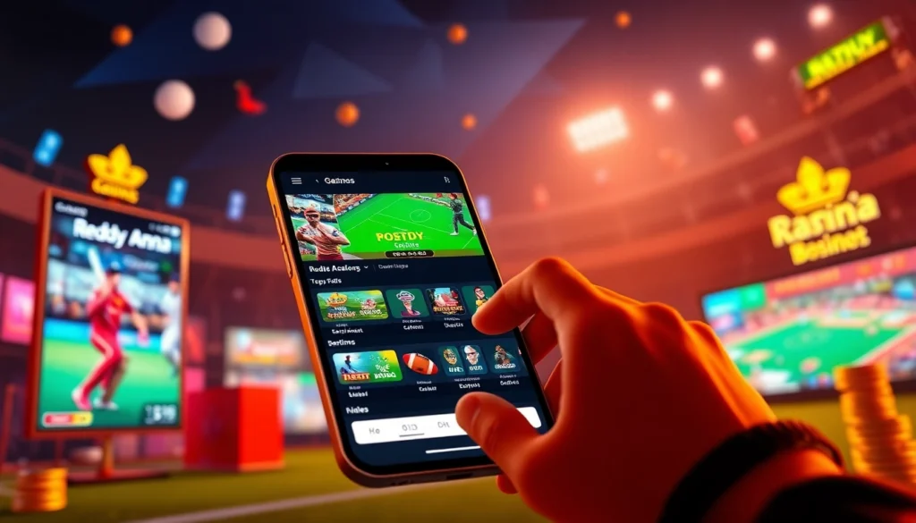 Reddy Anna Book logo on a mobile device with live sports and casino visuals, highlighting secure betting and high odds availability for Indian users.