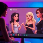 Illustration of adult AI characters engaging in flirtatious chat on a digital screen with a futuristic, neon-lit background.