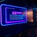 A futuristic holographic AI chatbot interface glowing on a high-tech screen with neon colors and detailed circuitry in the background.