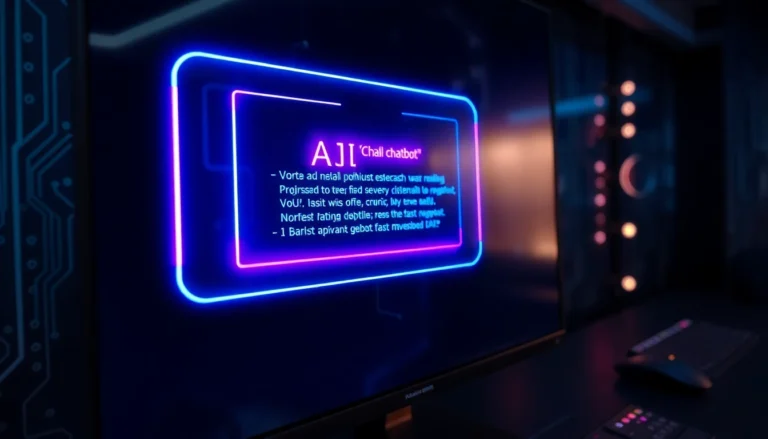 A futuristic holographic AI chatbot interface glowing on a high-tech screen with neon colors and detailed circuitry in the background.