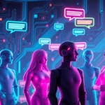 A futuristic digital scene showing AI characters interacting within a high-tech interface with neon lights and holographic elements.