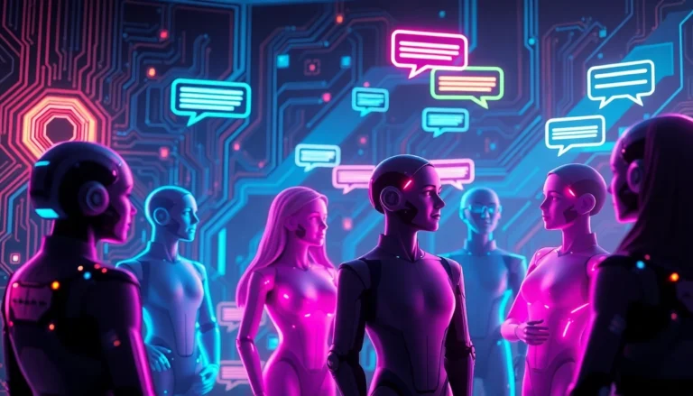 A futuristic digital scene showing AI characters interacting within a high-tech interface with neon lights and holographic elements.