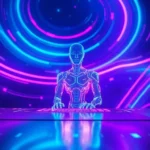 Futuristic AI interface with glowing holograms and digital humanoid figure in a neon-lit space environment.