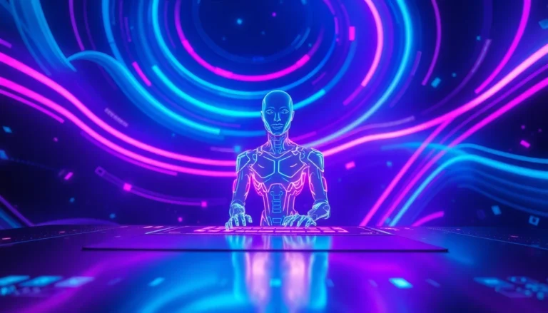 Futuristic AI interface with glowing holograms and digital humanoid figure in a neon-lit space environment.