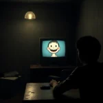 A distressed person playing BLOODMONEY on their computer, with Harvey appearing on the screen in a tense, unsettling scene.