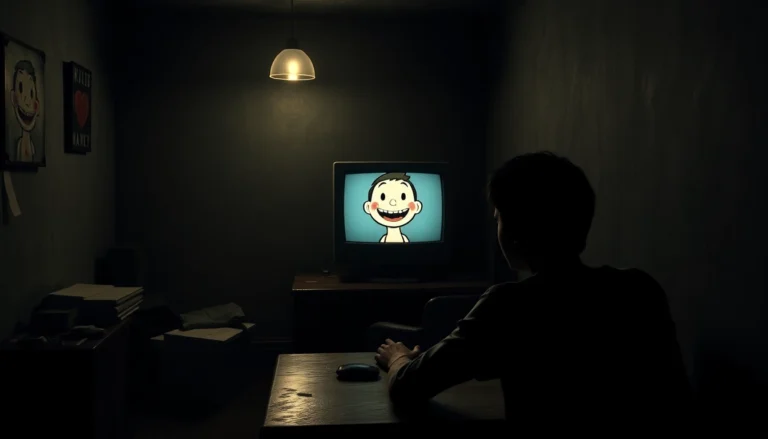 A distressed person playing BLOODMONEY on their computer, with Harvey appearing on the screen in a tense, unsettling scene.