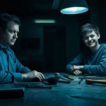 A disturbing scene of a man and Harvey in a dimly lit room with tools and bloodstains, highlighting psychological horror and moral dilemma.