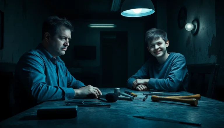 A disturbing scene of a man and Harvey in a dimly lit room with tools and bloodstains, highlighting psychological horror and moral dilemma.