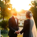 Photographie d'un mariage à Liège avec un couple lors d'une cérémonie en extérieur, ambiance romantique et naturelle, idéale pour illustrer des services de photographe mariage Liège.