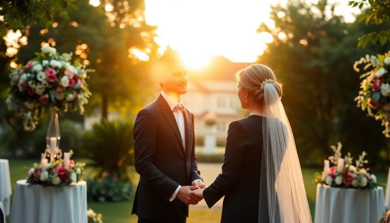 Photographie d'un mariage à Liège avec un couple lors d'une cérémonie en extérieur, ambiance romantique et naturelle, idéale pour illustrer des services de photographe mariage Liège.