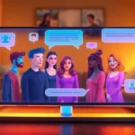 Futuristic chat interface with AI characters on a modern device in a cozy, warmly lit room