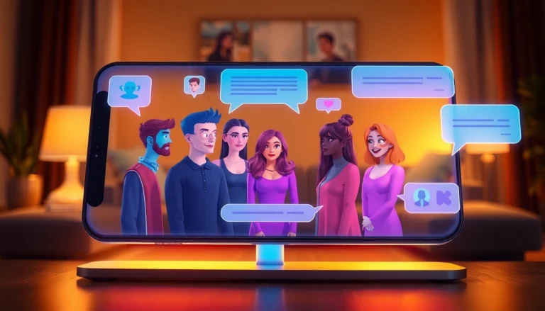 Futuristic chat interface with AI characters on a modern device in a cozy, warmly lit room