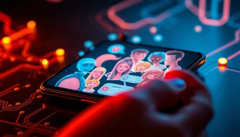 Futuristic smartphone displaying colorful AI chat characters with neon lighting effects.