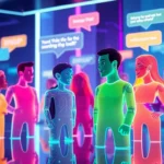 Futuristic digital chat environment with colorful holographic AI characters engaging in conversations in a neon-lit virtual space.