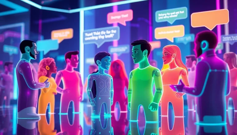 Futuristic digital chat environment with colorful holographic AI characters engaging in conversations in a neon-lit virtual space.