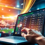 An illustration of an online sports betting platform interface with sports icons and betting odds, set in a modern, energetic environment.