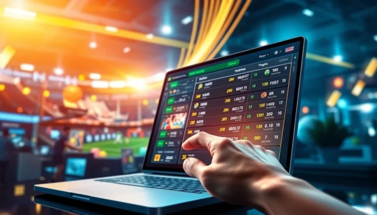 An illustration of an online sports betting platform interface with sports icons and betting odds, set in a modern, energetic environment.